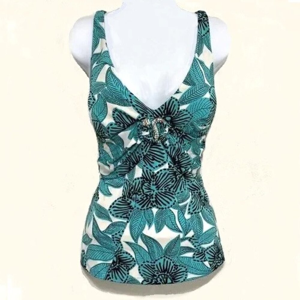 Cache Aqua White V-Neck Silver Rhinestone Snake Clip Padded Bust Top Vintage M